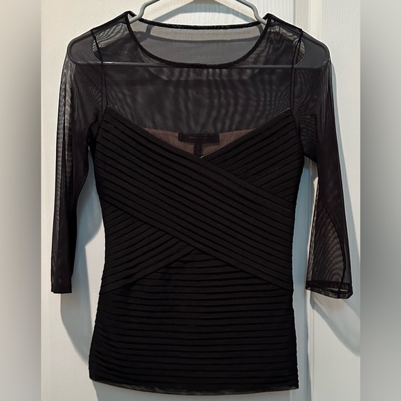 BCBGMaxAzria 3/4 Sleeve Black Mesh Amora Illusion Structured Pleated Top - Picture 2 of 6